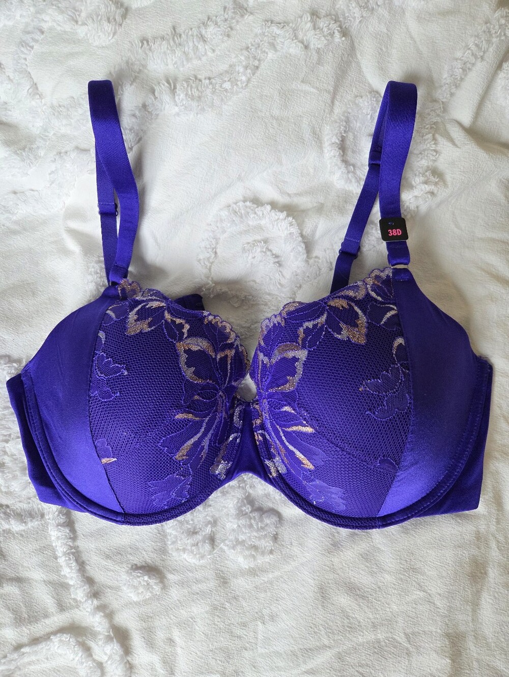 NWT La Senza Purple+Metalic Floral Lace So Free Full Coverage Bra 38D Underwire